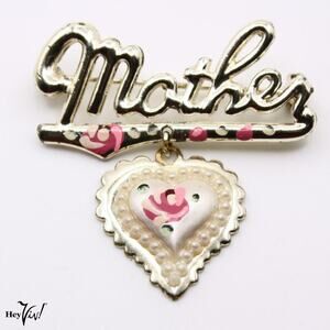 Vintage Mother Script Pin w Dangling Heart Charm Hand Painted Flowers - Hey Viv